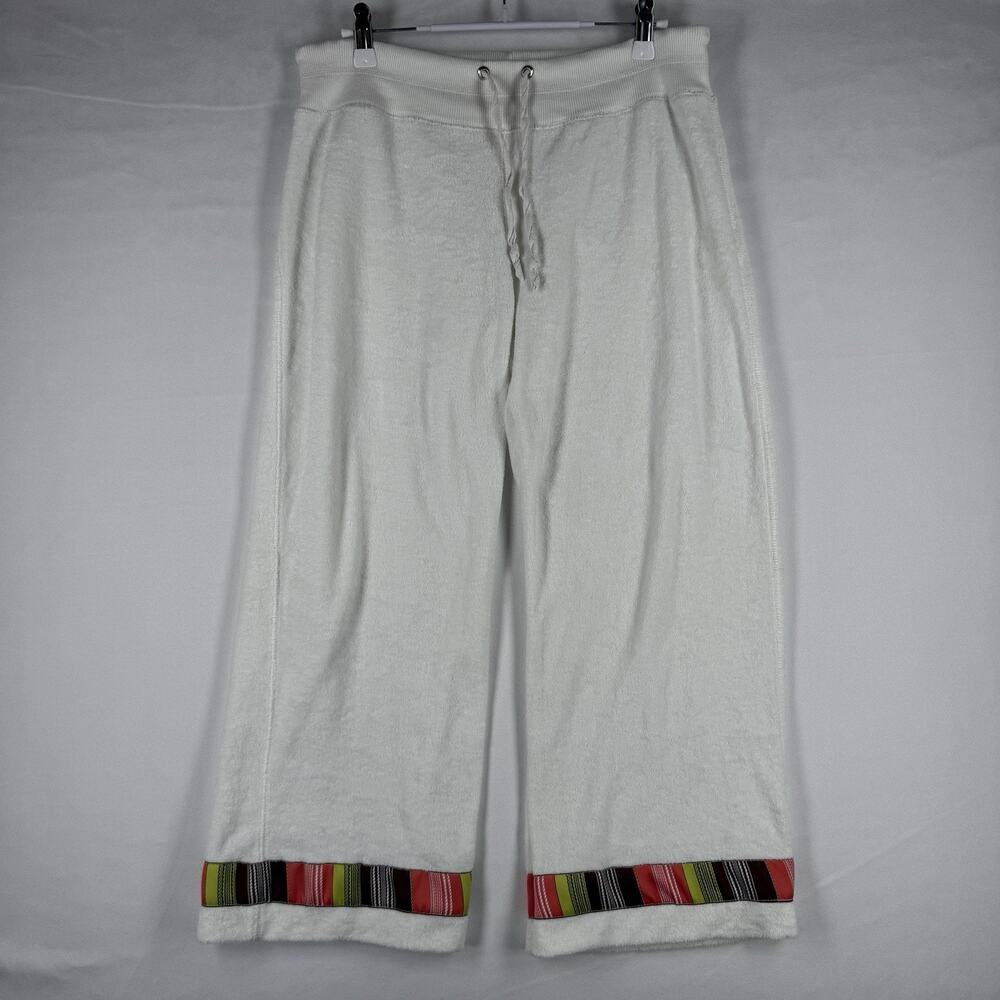Nilla Shields Women M White Wide Leg Crop Lounge Pants Serape Trim Drawstring